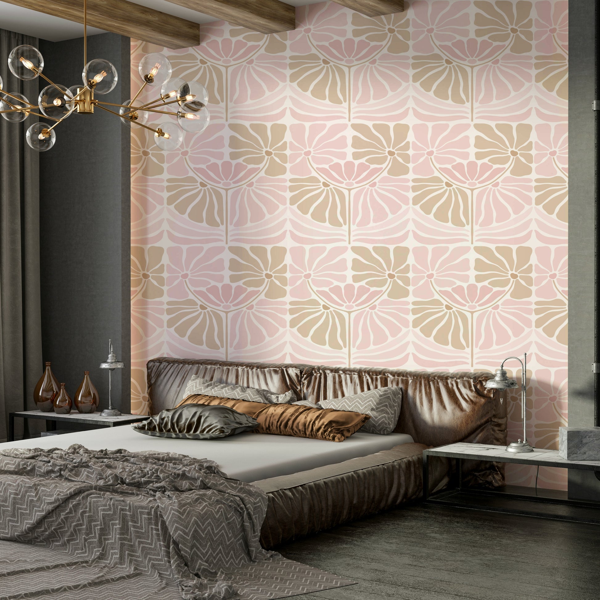 Soft pink blooms on retro-inspired wallpaper

