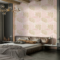 Soft pink blooms on retro-inspired wallpaper

