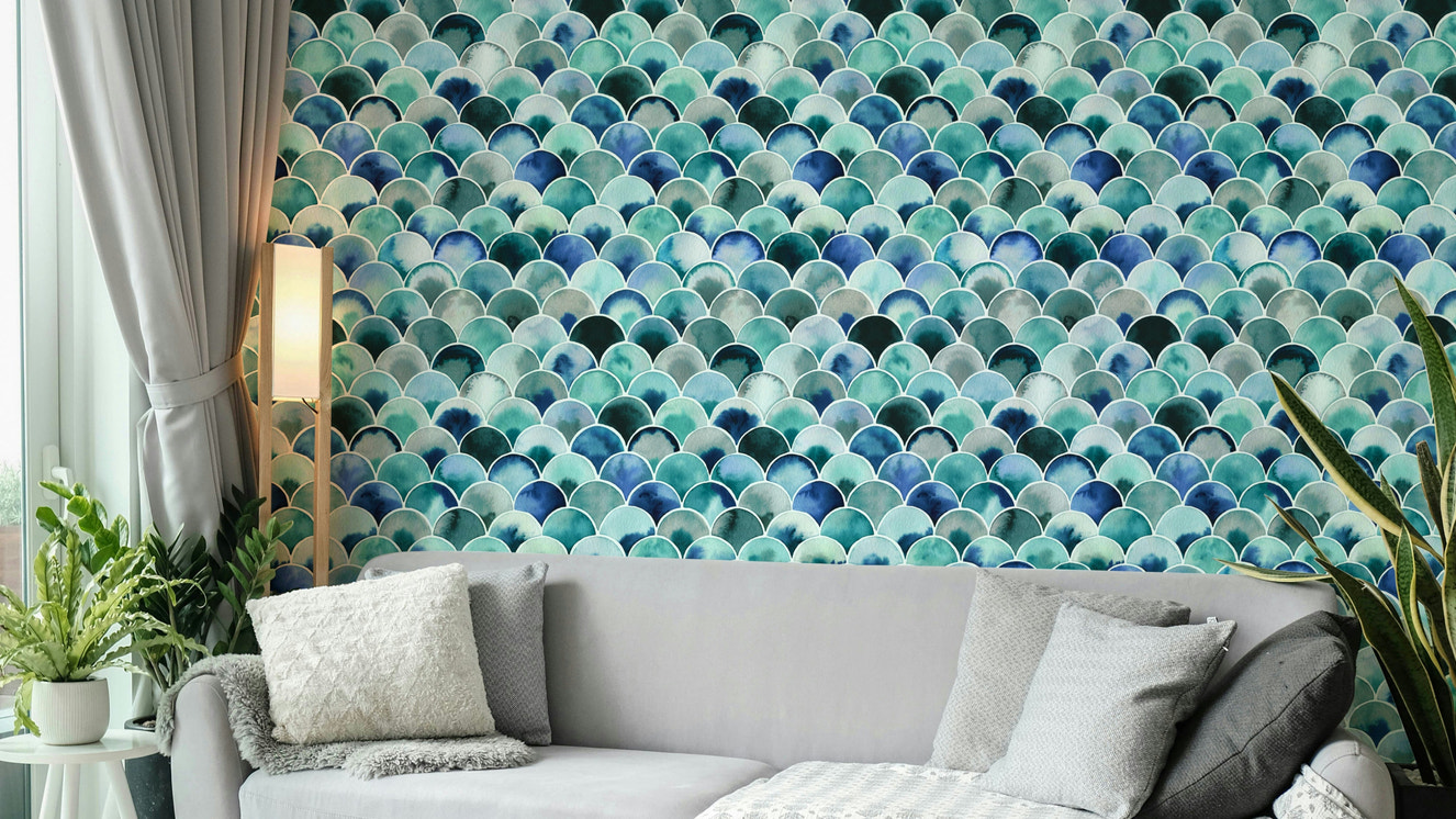 Hand-painted blue arch wallpaper

