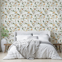 Green rustic wallpaper with birds

