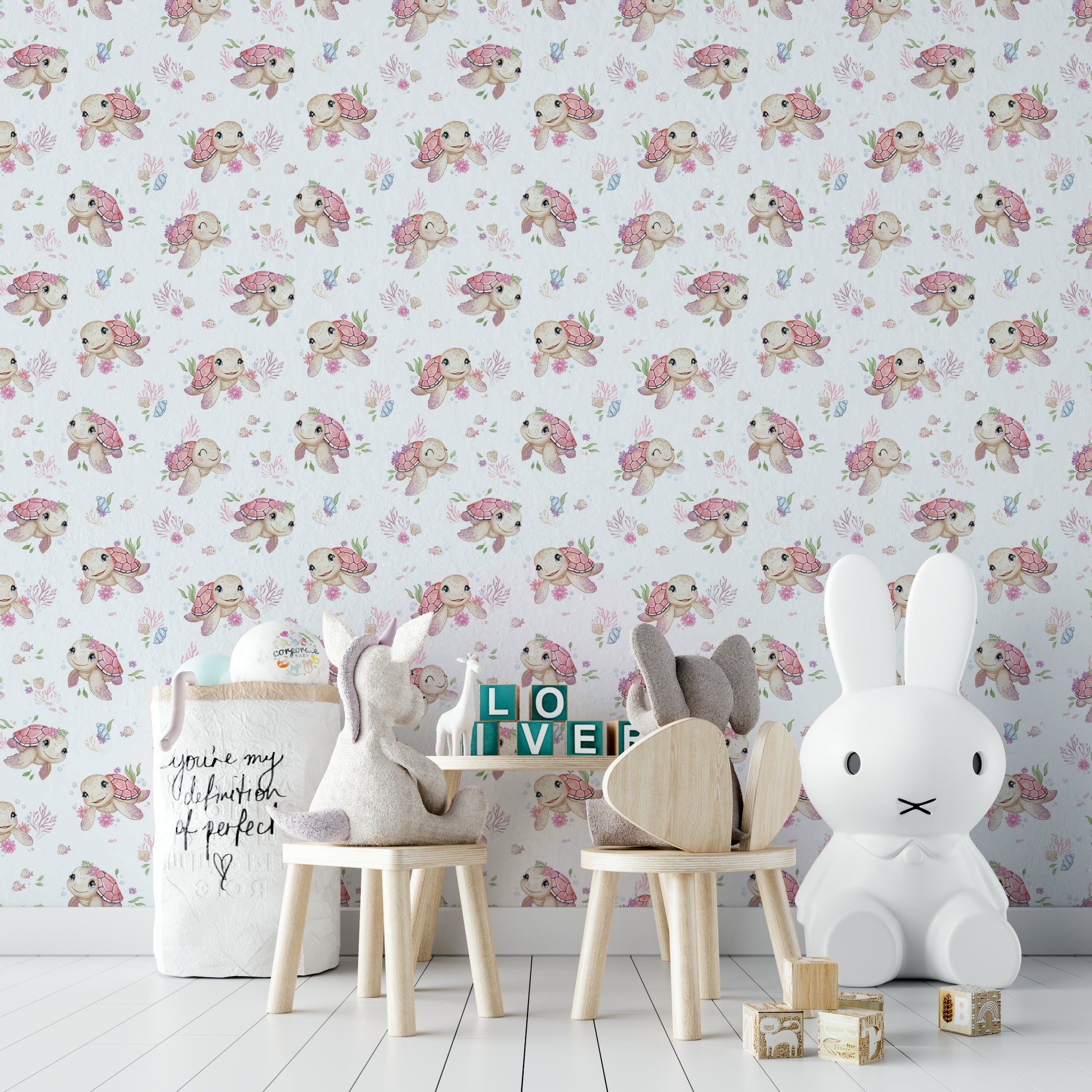 Playful turtle design wallpaper for nursery

