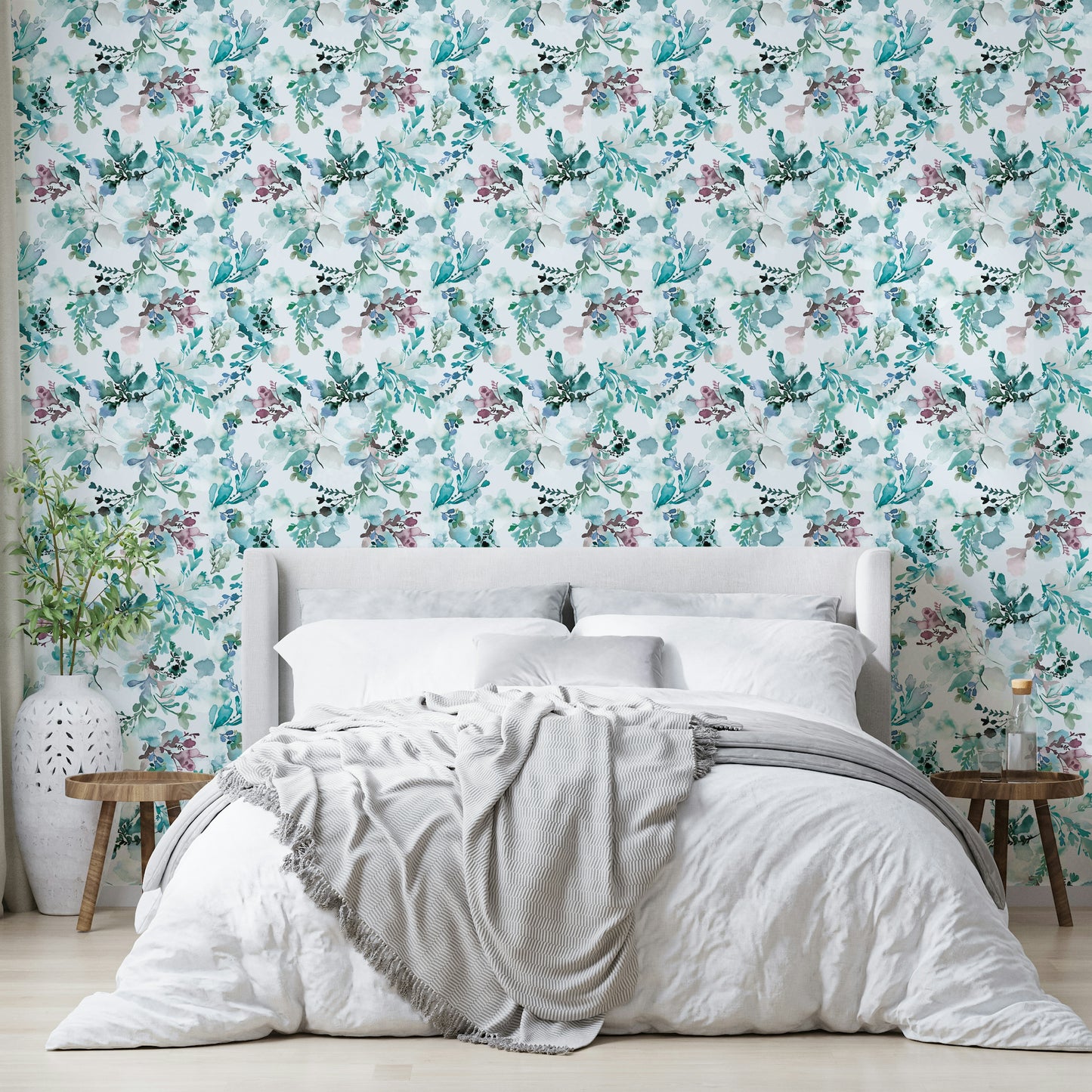 Teal watercolor floral mural

