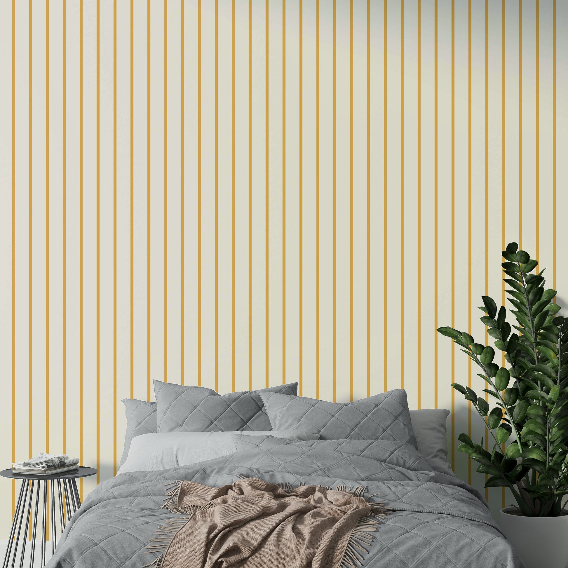 Bright yellow wallpaper with vertical stripes design

