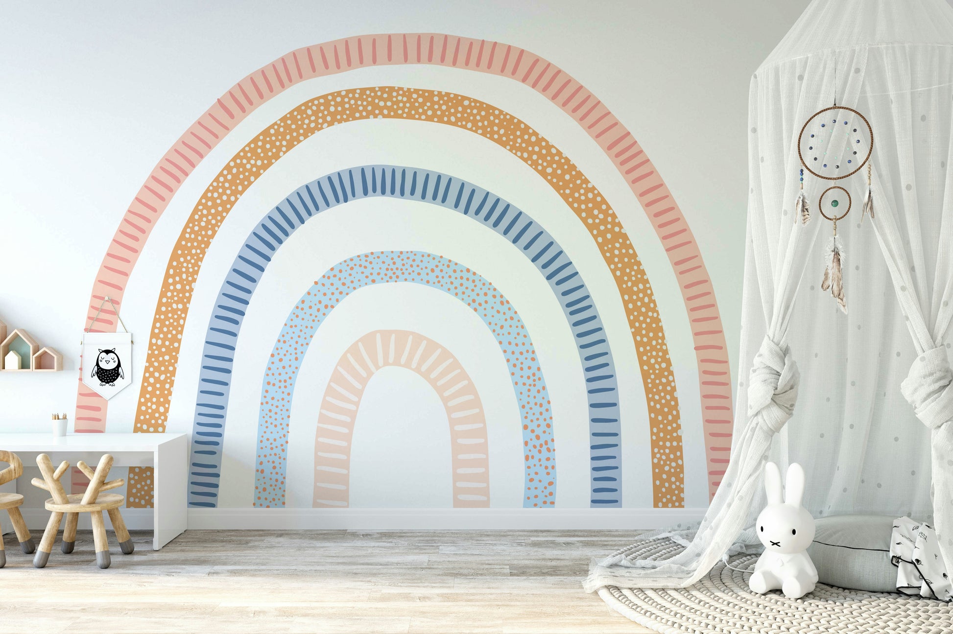 Cheerful rainbow wall mural brightening room space

