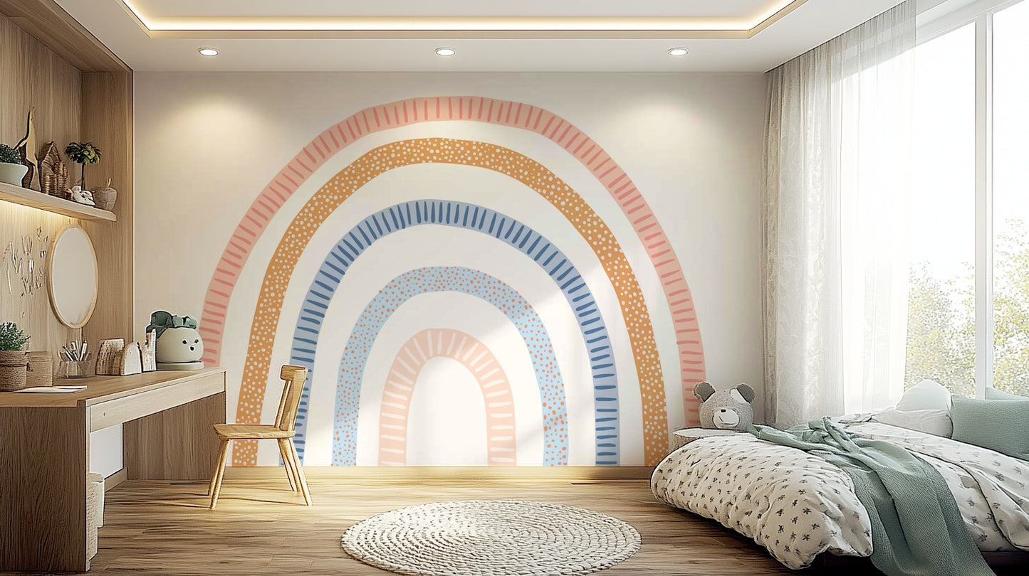 Contemporary rainbow mural with clean color lines

