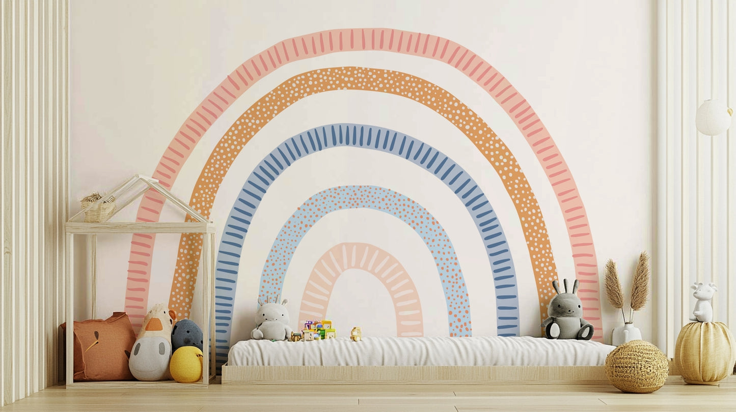 Colorful rainbow mural with bold stripes on wall

