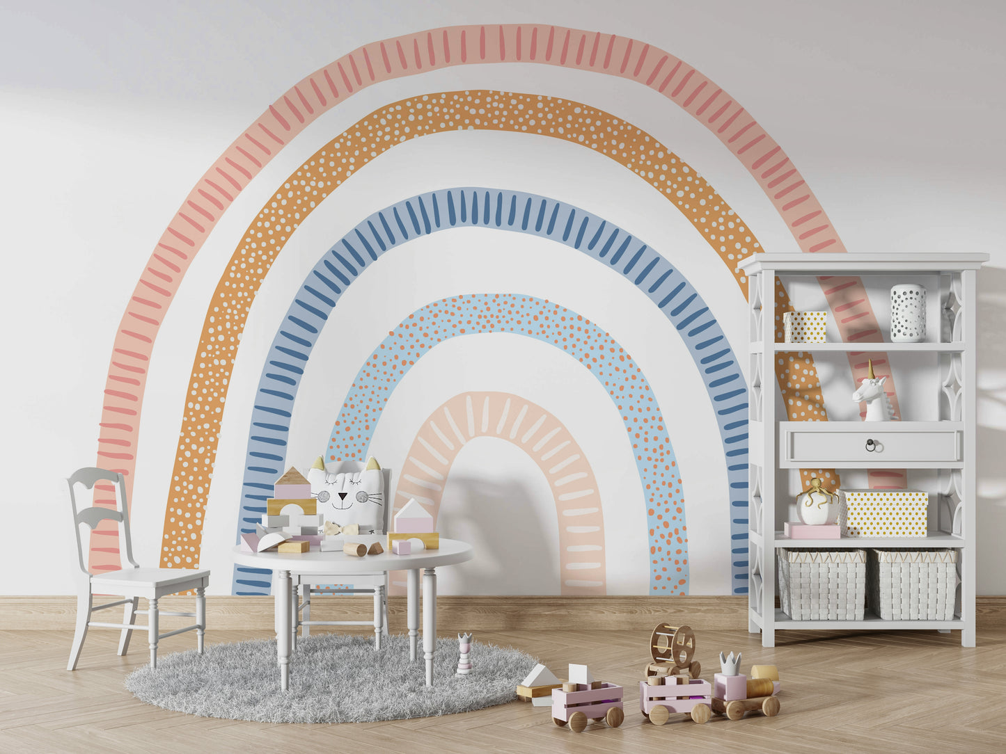 Vibrant rainbow wall mural for kids' room decor

