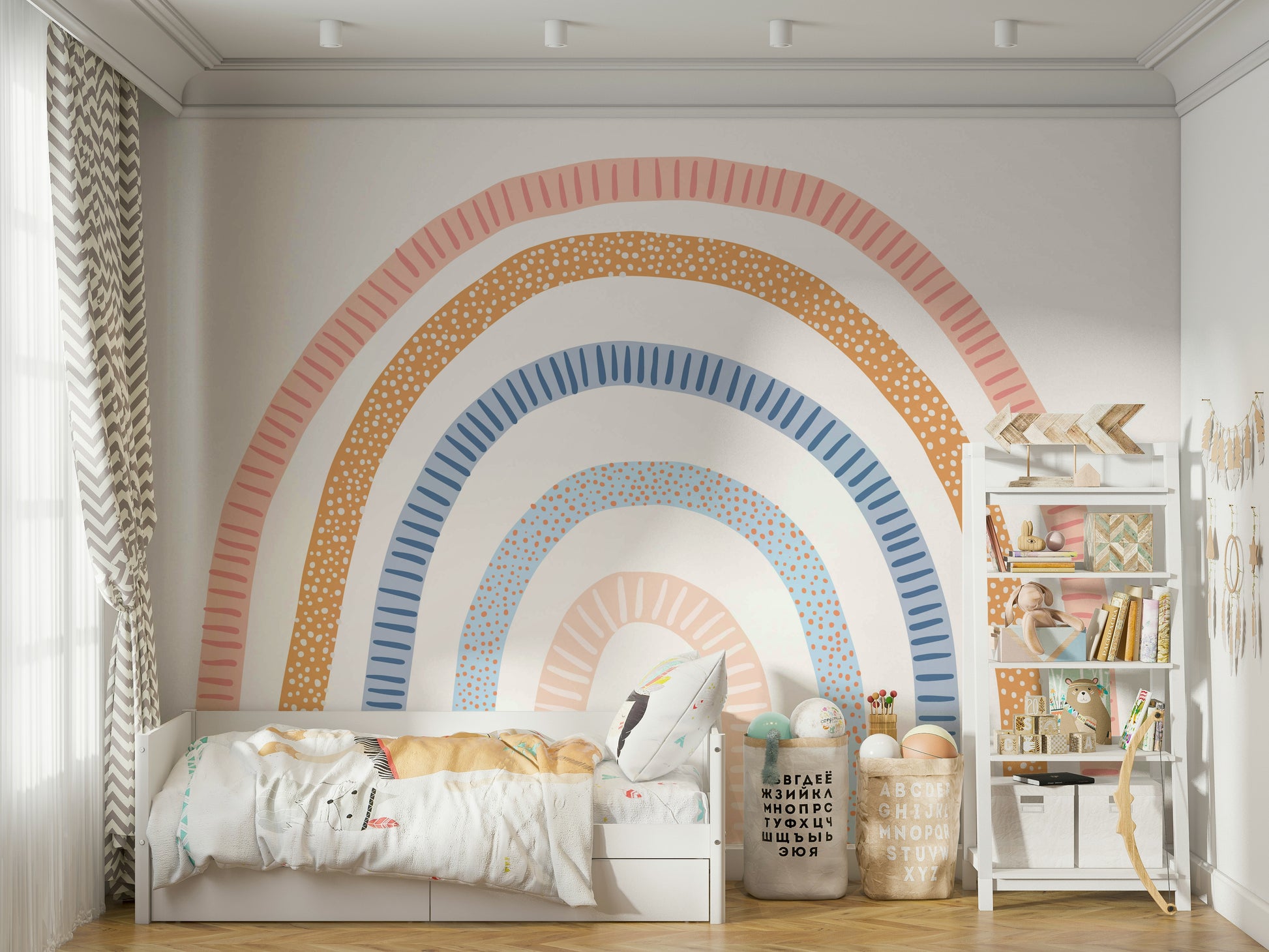Large rainbow wall mural in modern home setting

