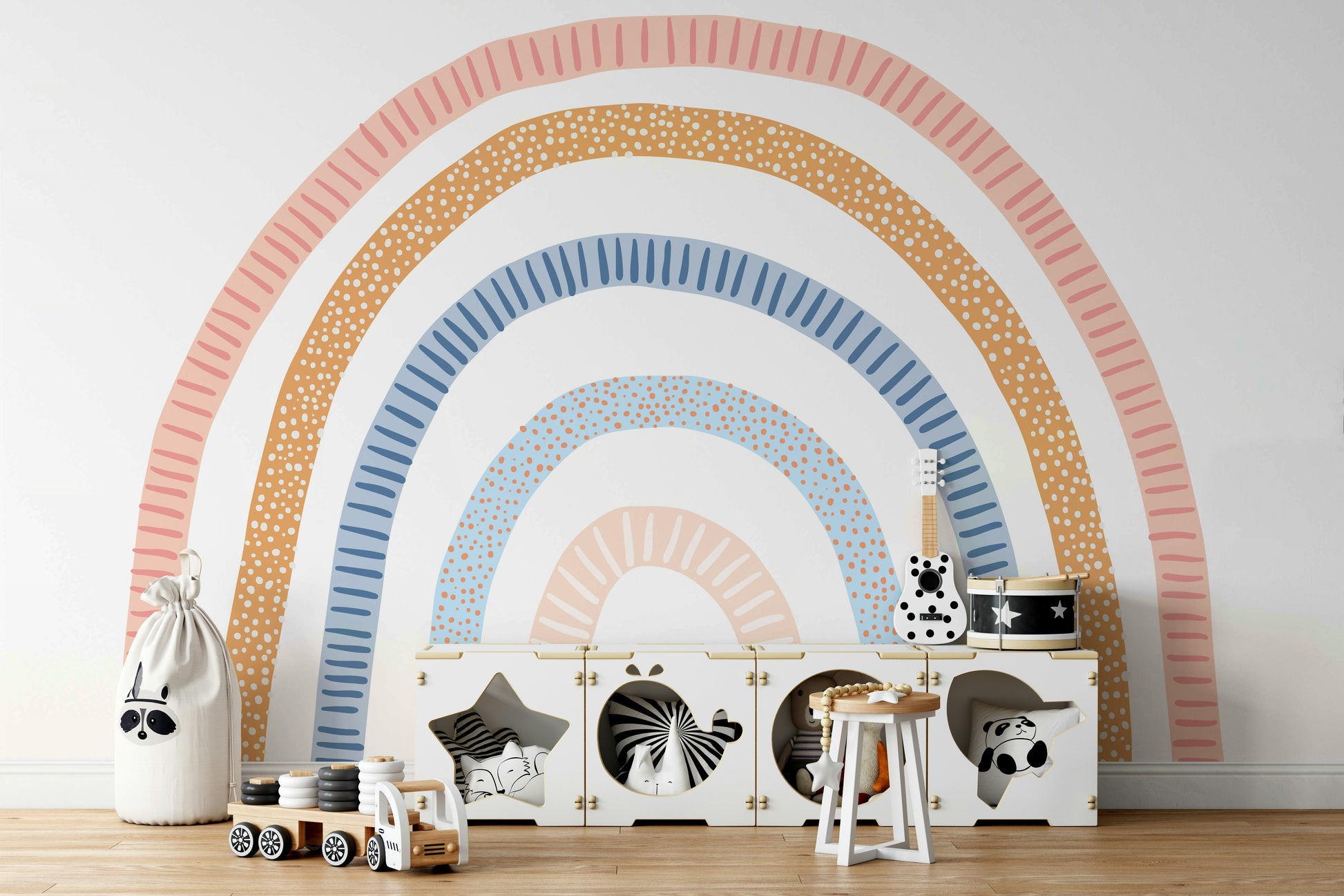 Multi-colored rainbow wall mural for creative space


