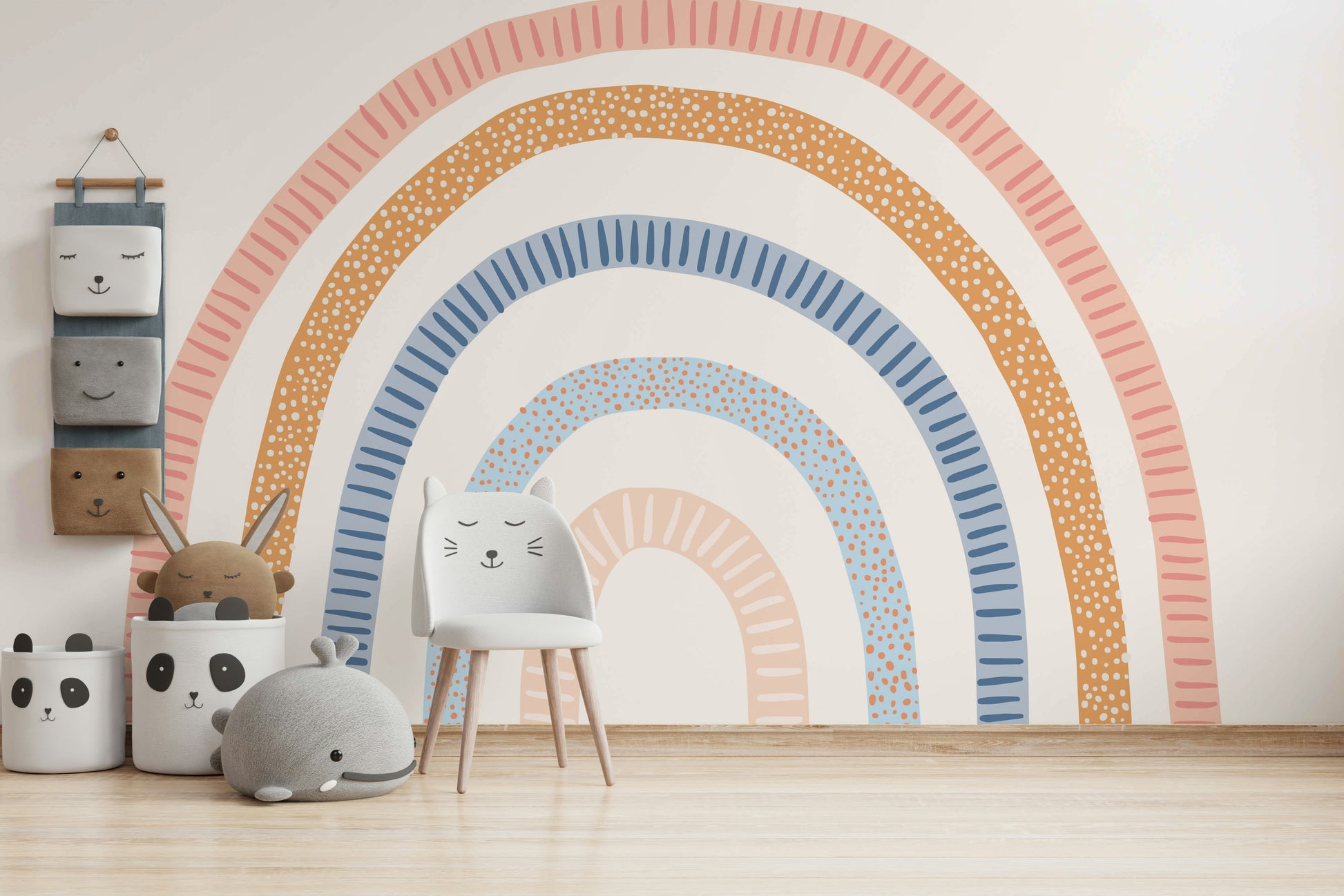 Abstract rainbow mural with vivid color bands

