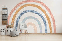 Abstract rainbow mural with vivid color bands

