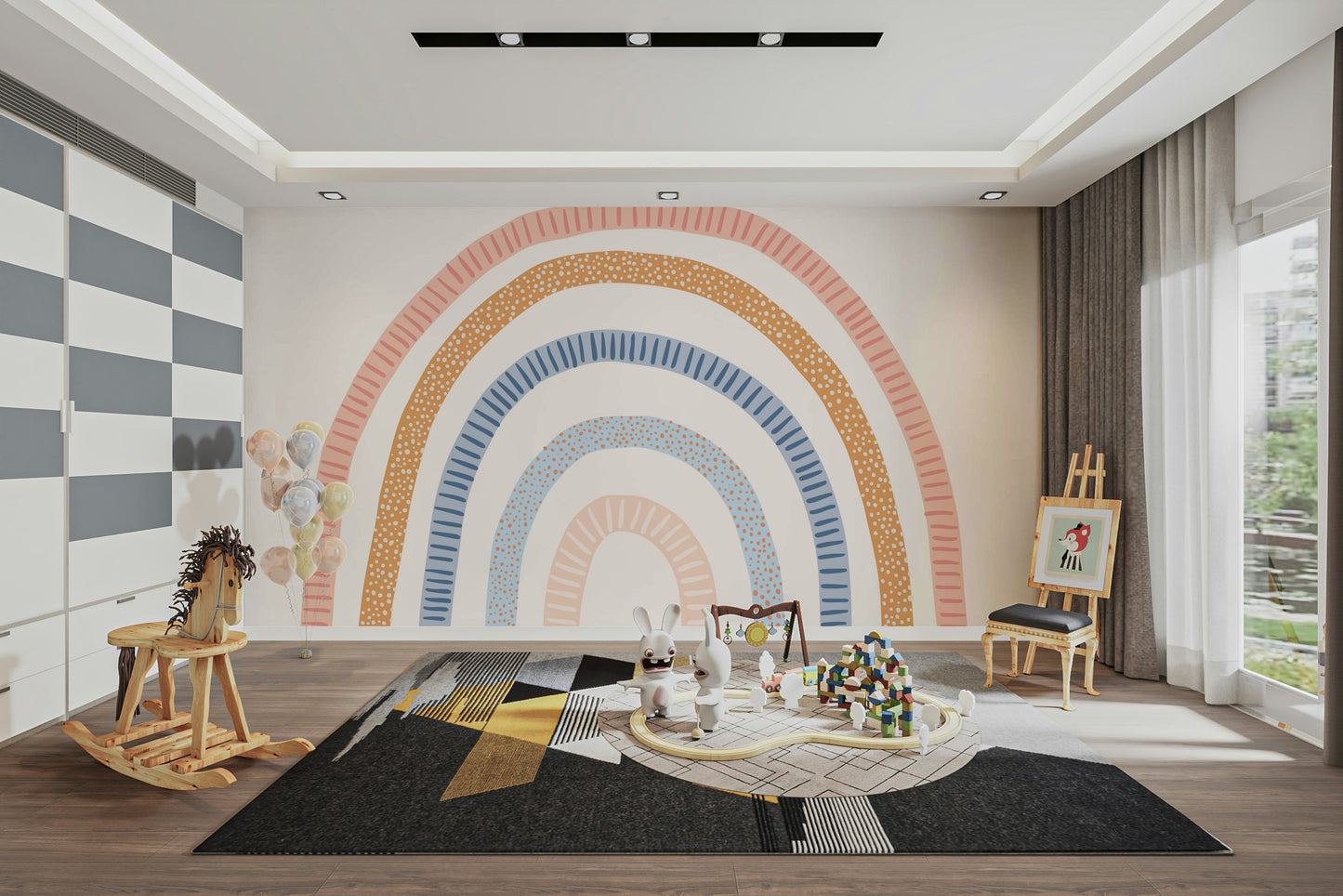 Modern art rainbow wall mural in bright palette

