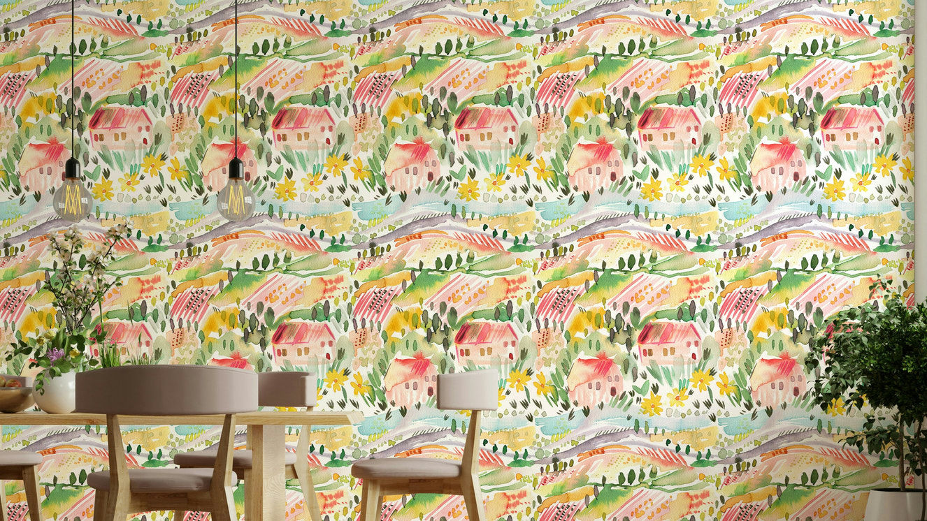 Landscape Tuscany Watercolor Wallpaper⁠