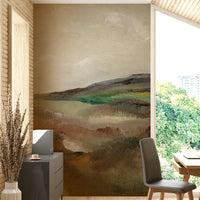 Peaceful hill landscape mural in muted tones

