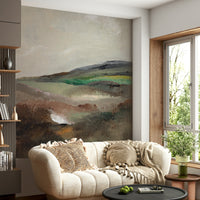 Serene countryside mural in soothing colors

