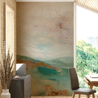 Misty mountain wall art with natural hues


