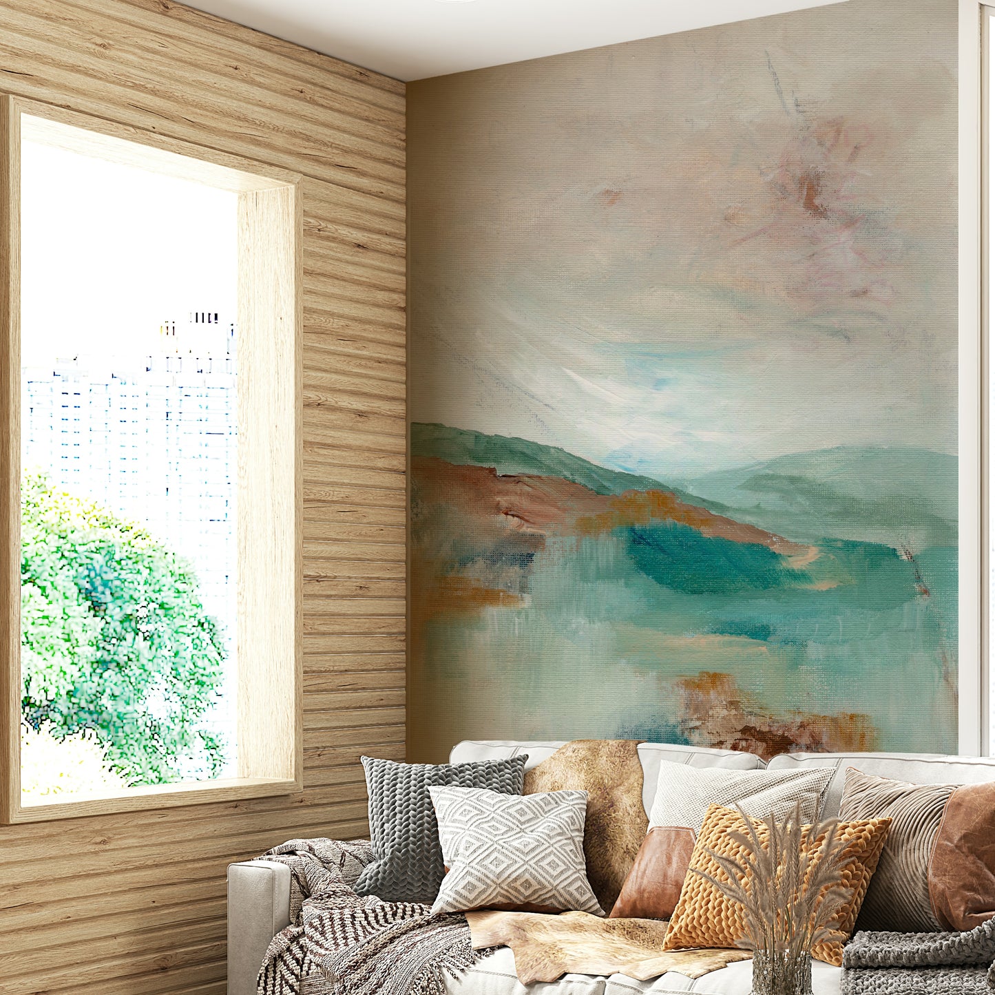 Serene mountain mural in misty gray-blue tones

