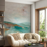 Peaceful wall mural of layered mountain ranges

