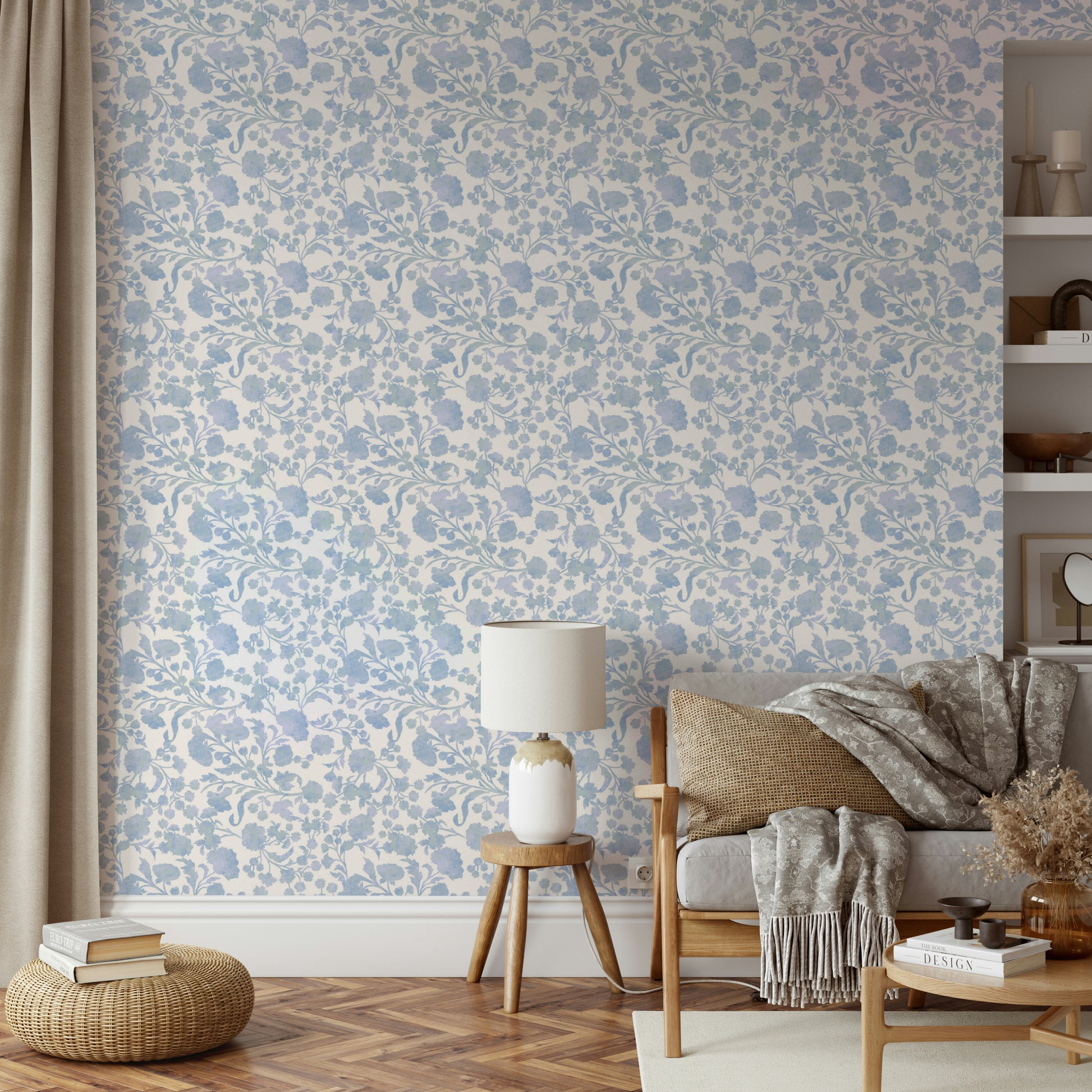 Serene wallpaper with soft blue floral patterns


