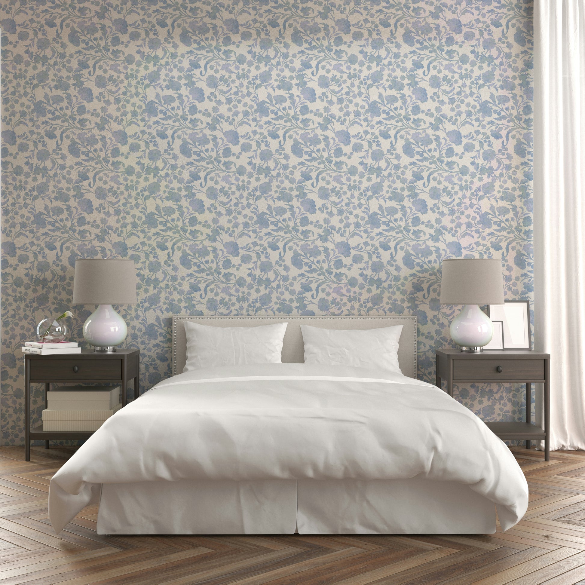 Sophisticated blue floral wallpaper with vintage flair

