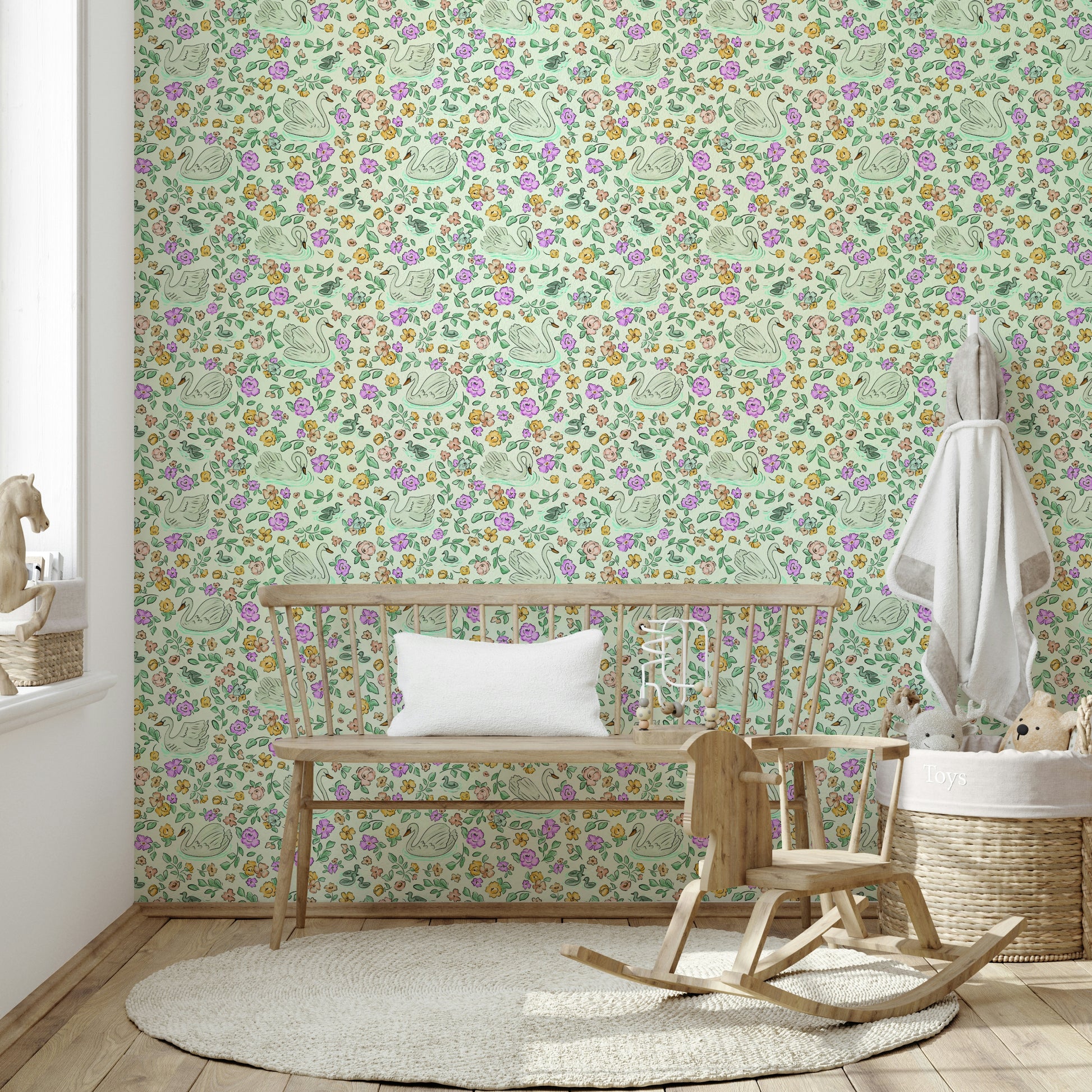 Delicate wallpaper design with swans in bloom


