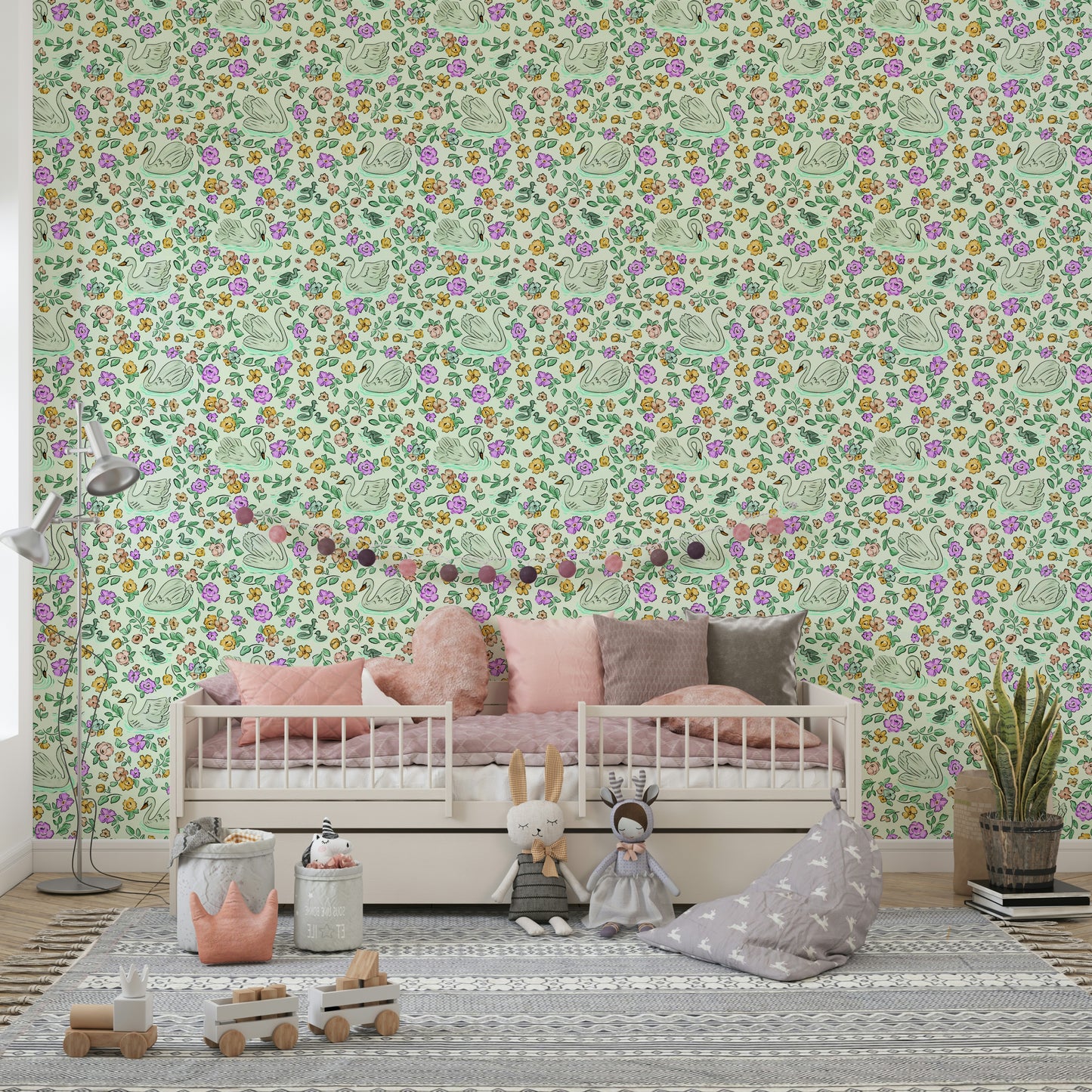 Swan Lake Bloom wallpaper in pastel hues

