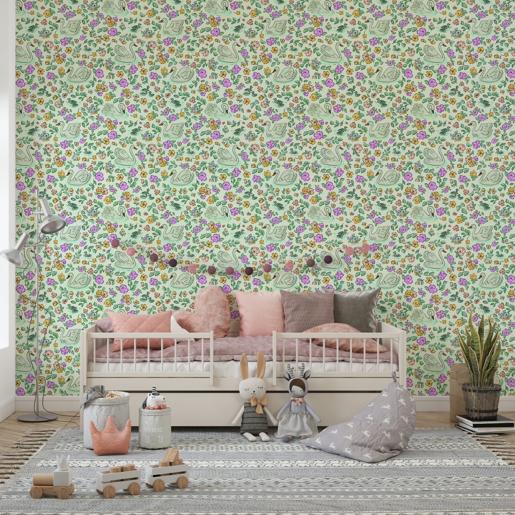 Swan Lake Bloom wallpaper in pastel hues

