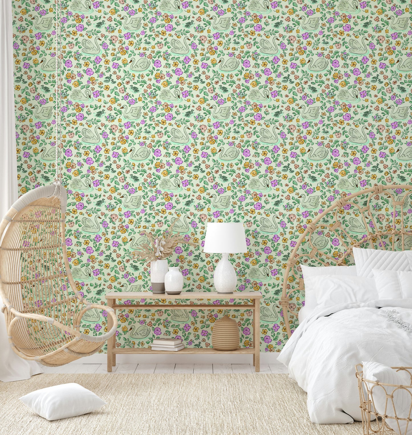 Serene wallpaper design featuring swans and flowers

