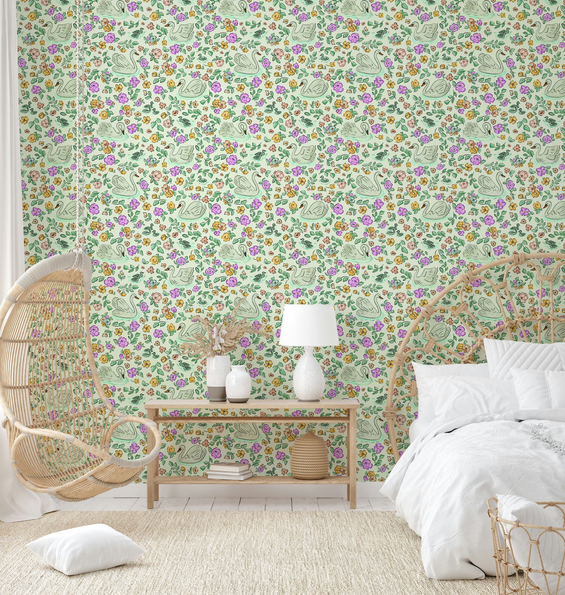 Serene wallpaper design featuring swans and flowers

