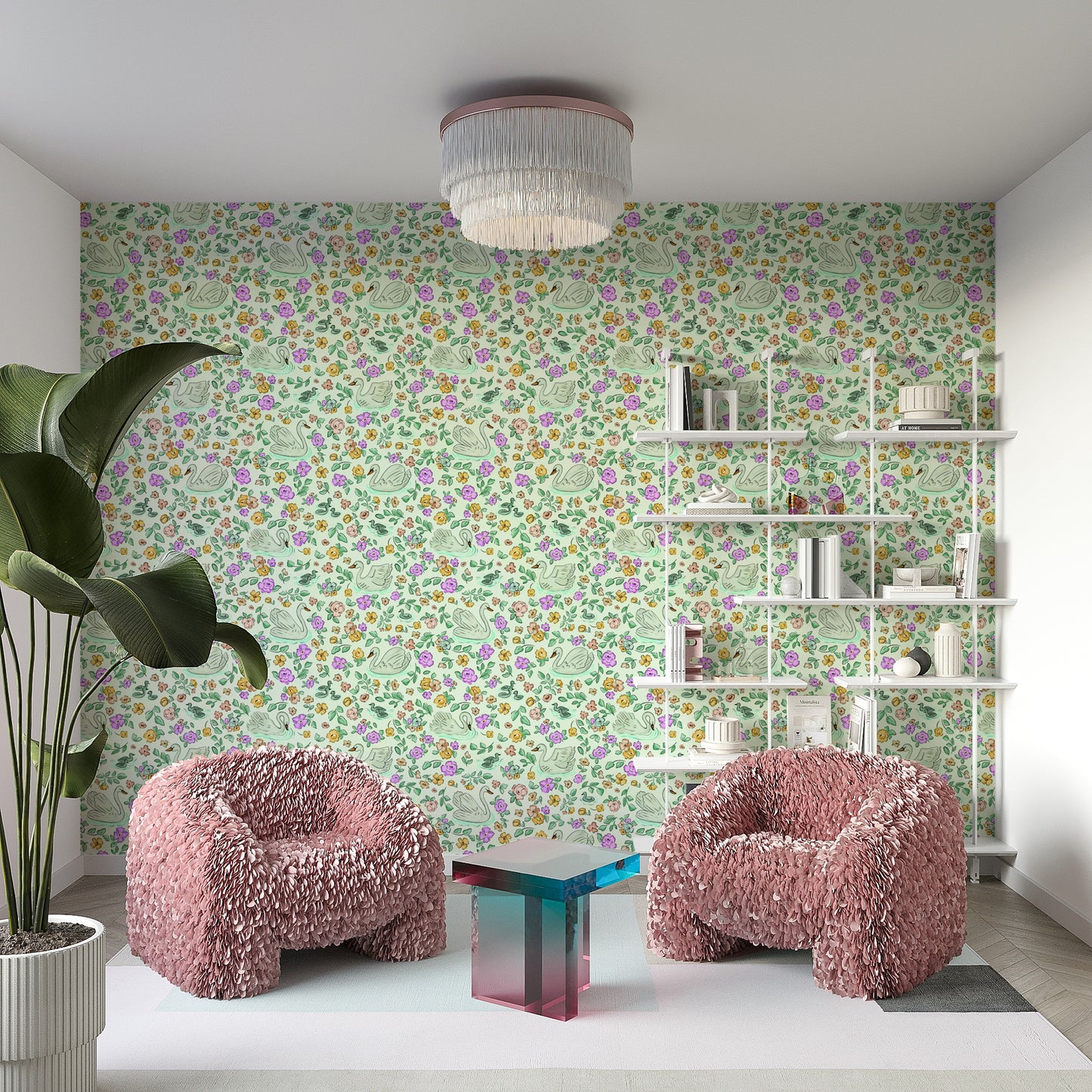 Graceful swans swimming among floral blossoms

