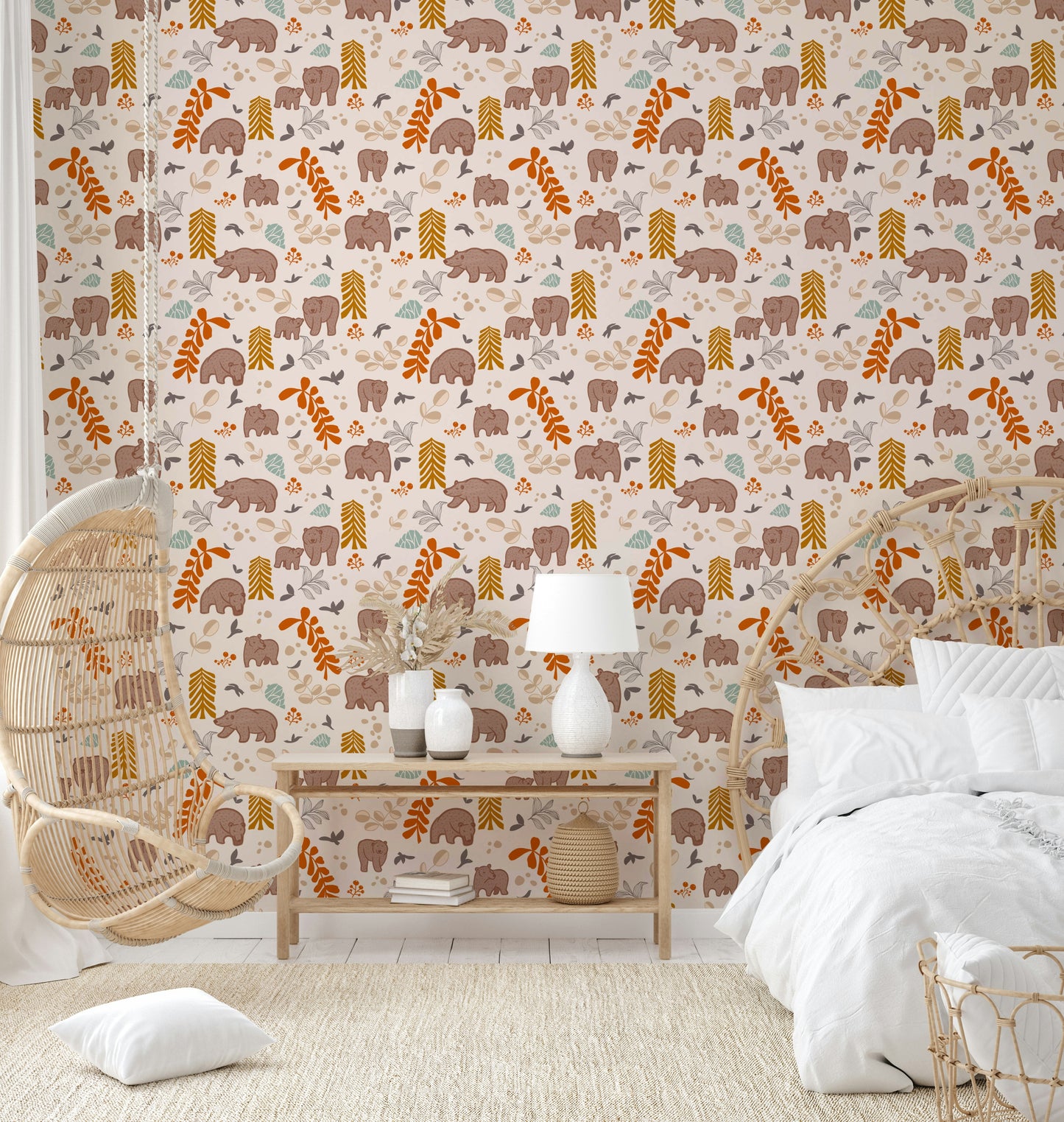 Nature-inspired wallpaper with cute critters and trees


