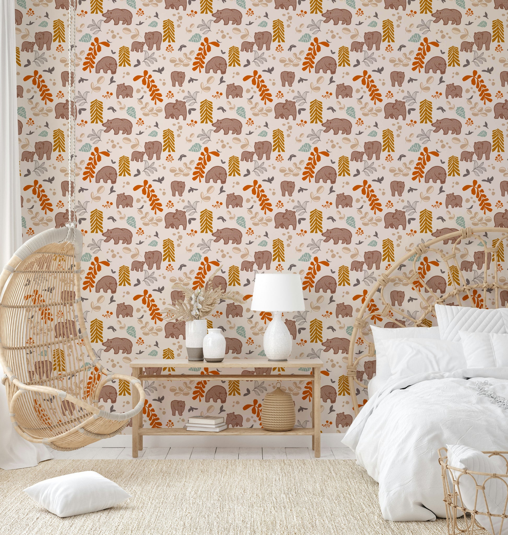 Nature-inspired wallpaper with cute critters and trees

