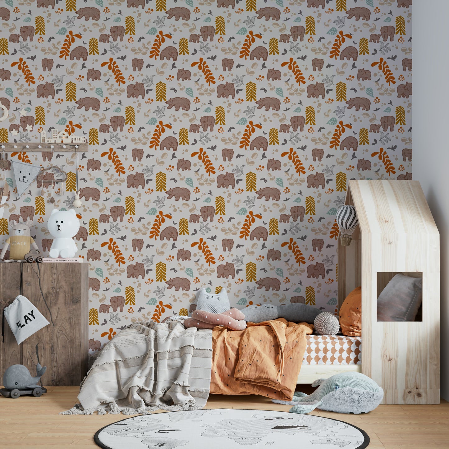 Woodland themed wallpaper with hand-drawn forest animals

