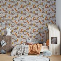 Woodland themed wallpaper with hand-drawn forest animals

