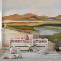 Nature-inspired mural featuring layered hills

