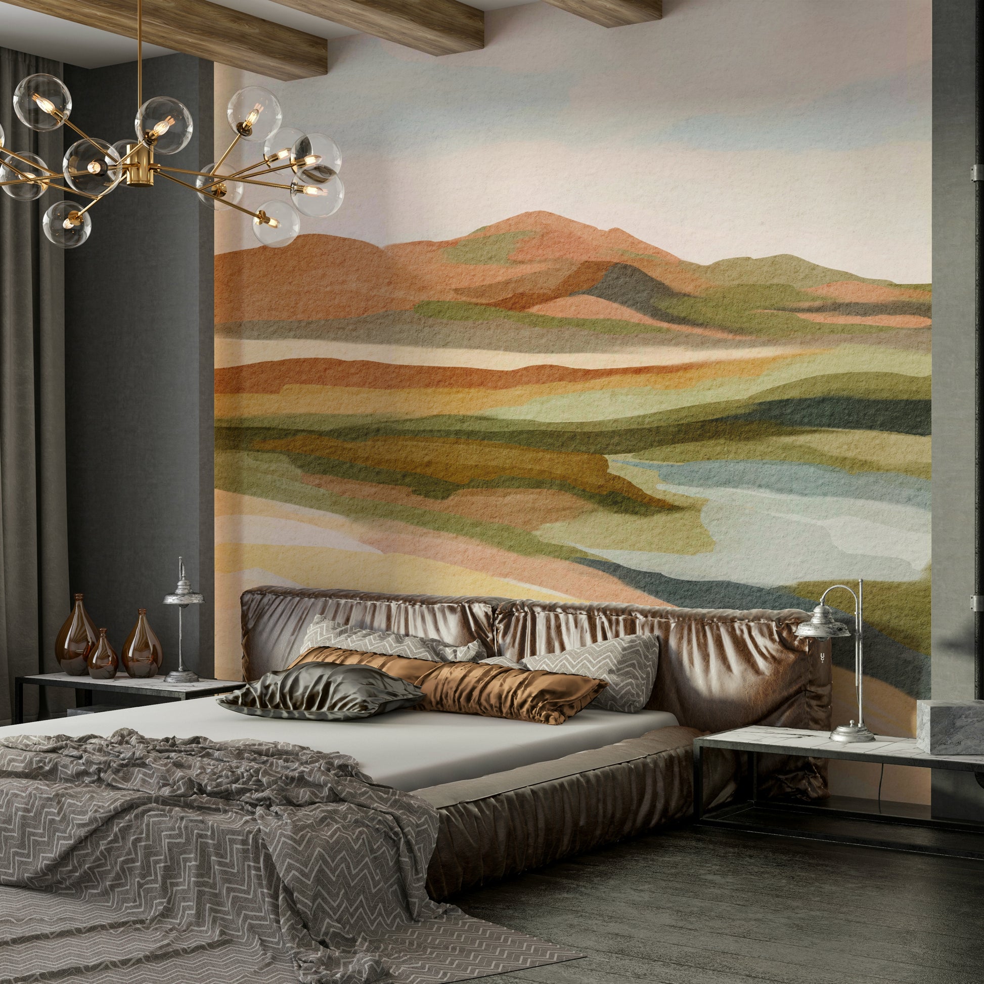 Minimalist wall mural with natural hill views

