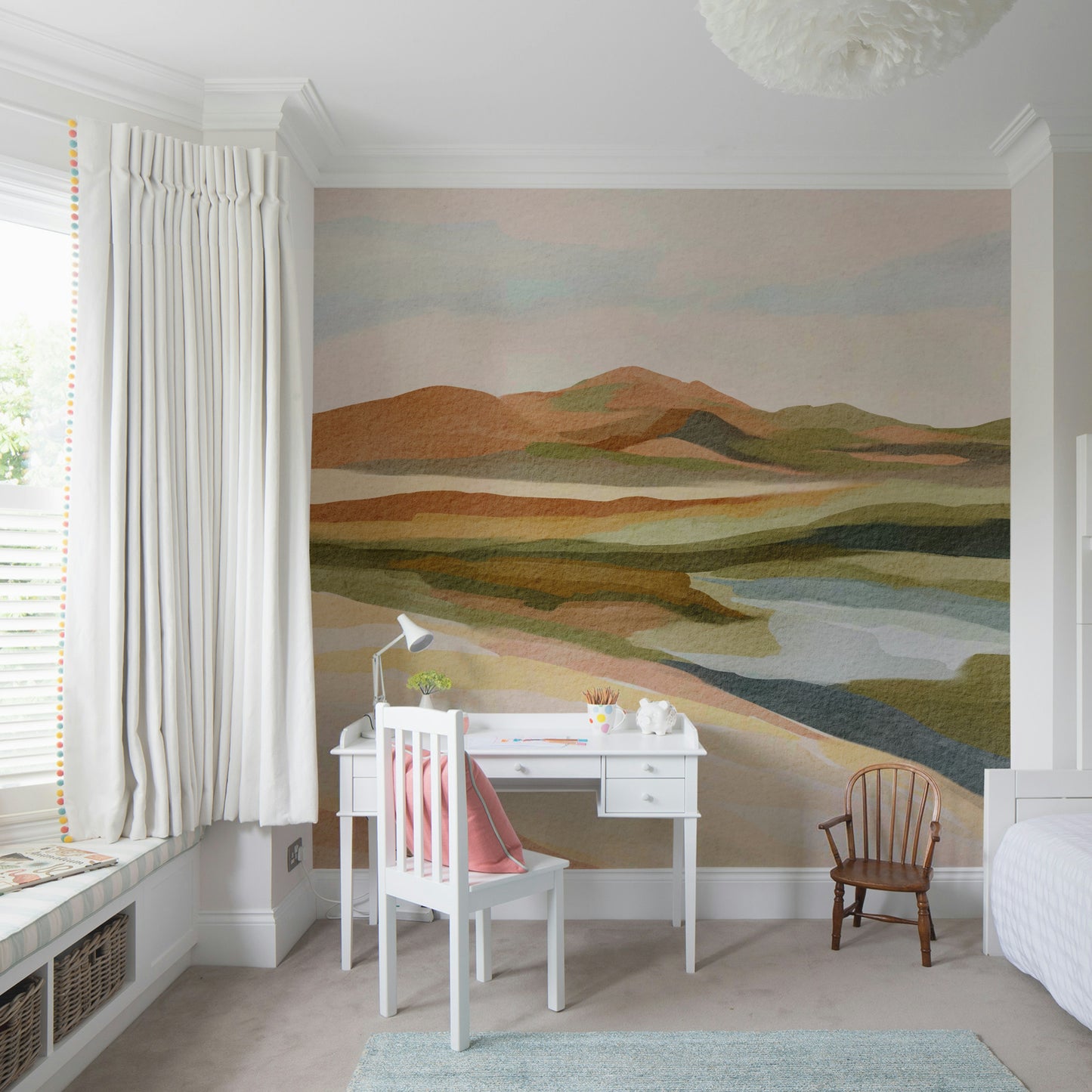 Serene hillside mural with a tranquil feel

