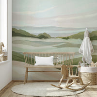 Tranquil wall mural with lush green hillscape


