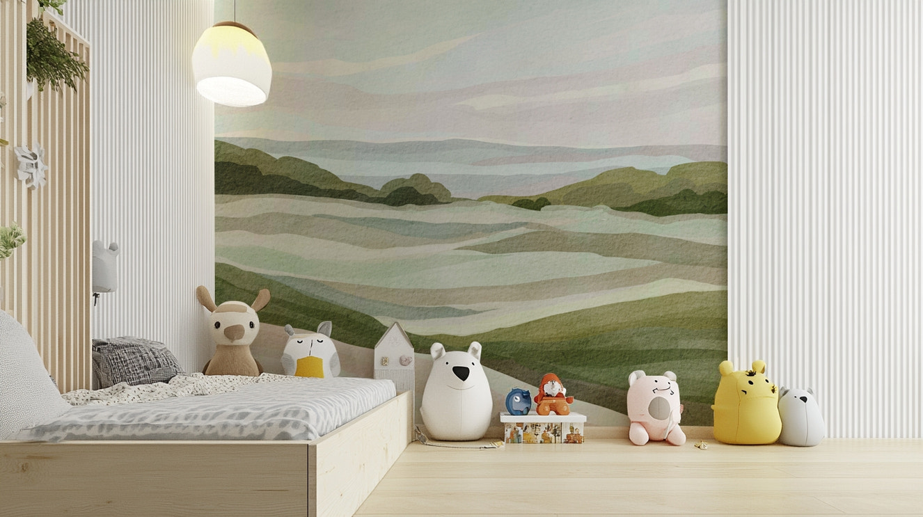 Green Whispering Hills Wall Mural with soft layers

