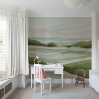 Whispering hillside mural in botanical hues

