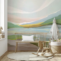 Gentle pastel hills mural for calm interiors

