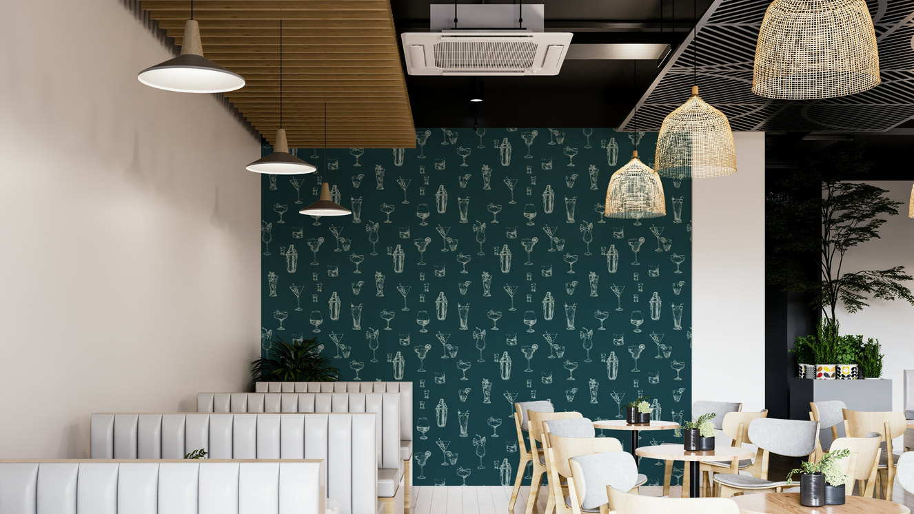 Illustrated cocktail glass wallpaper for bars

