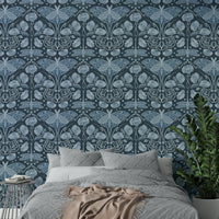 Graceful moth and floral wallpaper in blue palette


