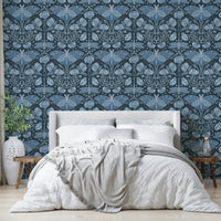 Art Nouveau Blue Wallpaper with poppies and moths

