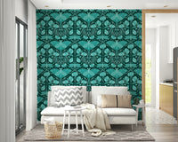 Statement teal wallpaper with Art Nouveau motifs

