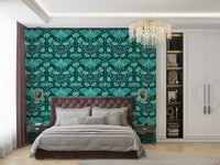 Vintage teal wall design with poppies and insects

