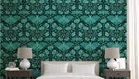 Art Nouveau Teal Wallpaper with poppies & moths


