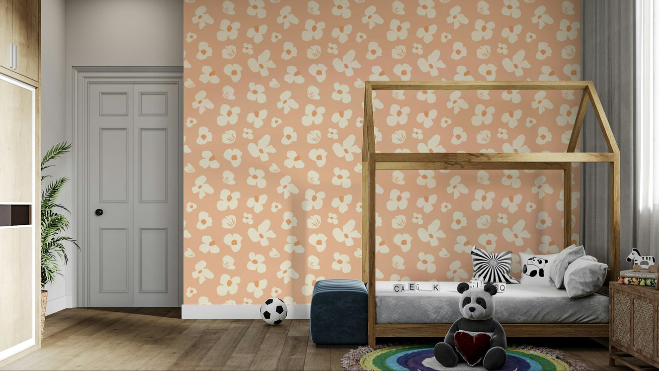Peach-toned wall mural with abstract blooms

