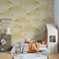 Beach house wallpaper with fish art

