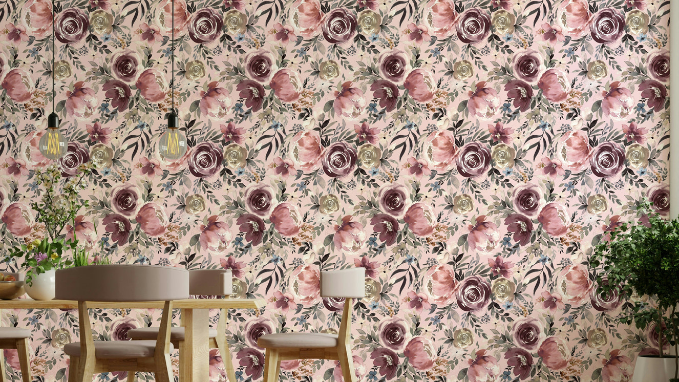 Living room featuring pastel rose wallpaper

